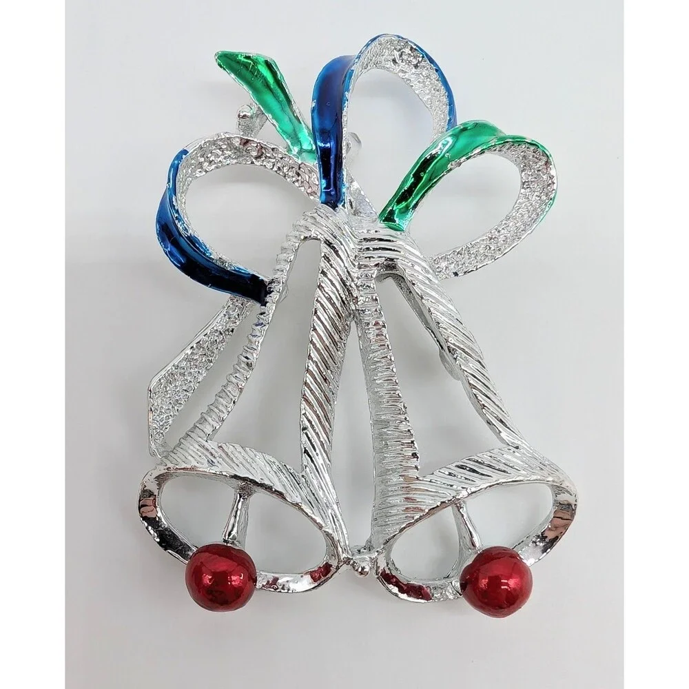 Gerry's Christmas Bells Brooch Pin Silver Tone Enamel